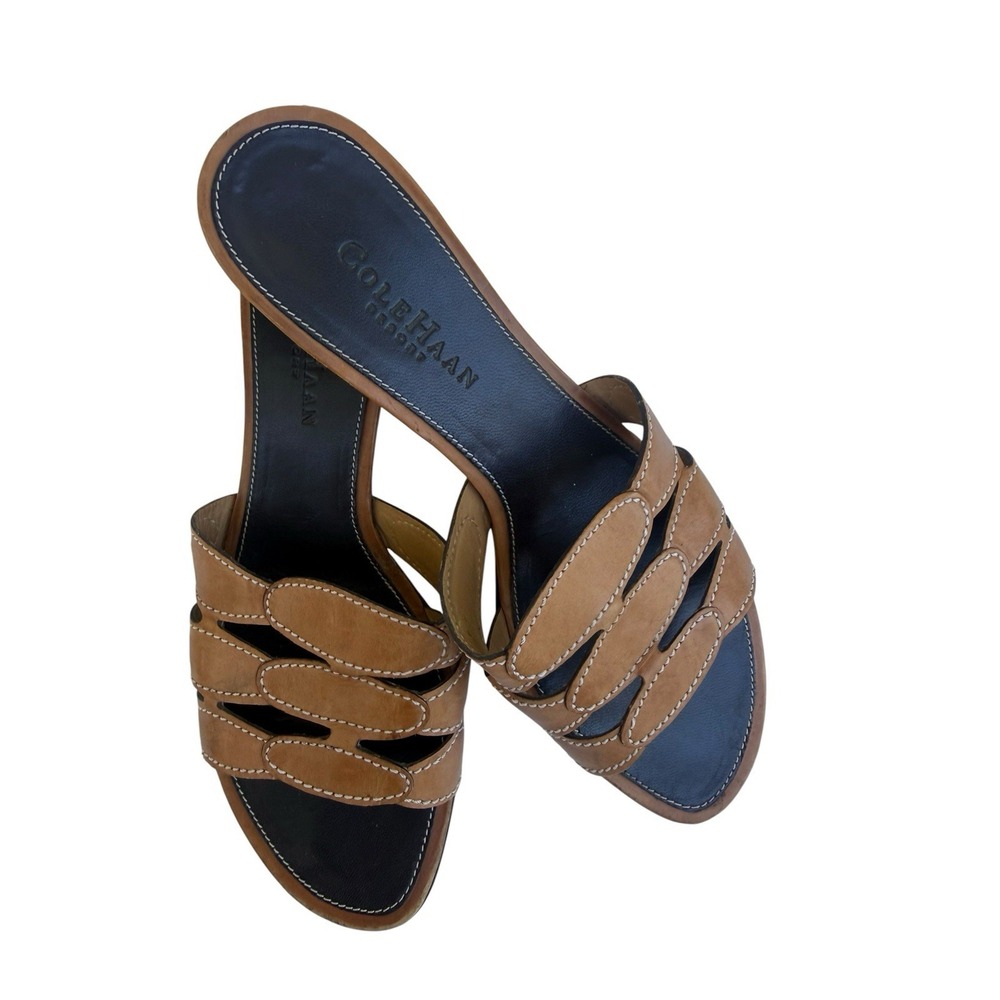 Cole Haan Brown Woven Leather Slide Sandals Womens 6.5 Block Heel Nike Air Mule